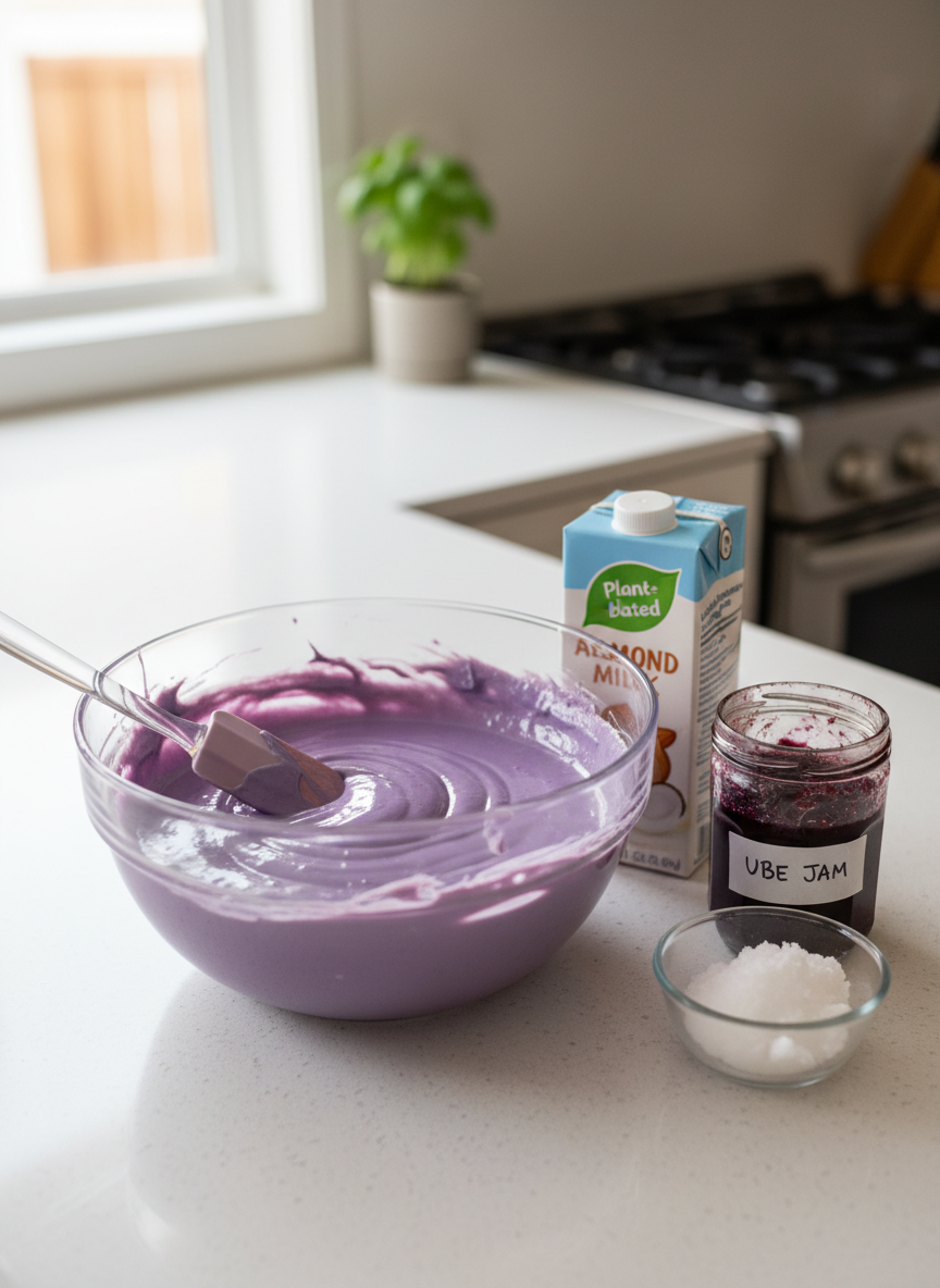 A home kitchen counter scene featuring a glass mixing bowl filled with thick, glossy vegan ube cake batter in a rich lavender hue. A silicone spatula streaked with purple rests across the bowl, and beside it sits a neatly arranged set of ingredients: a carton of plant-based milk, a small dish of coconut oil, and a jar of ube jam. The counter is smooth white quartz, reflecting soft afternoon light from a nearby window. In the blurred background, a clean stovetop and potted herb plant create a relaxed, DIY baking vibe. Photographed at eye level with a shallow depth of field, the atmosphere feels playful and experimental, capturing the joy of trying vegan ube recipes at home in crisp, realistic detail.
