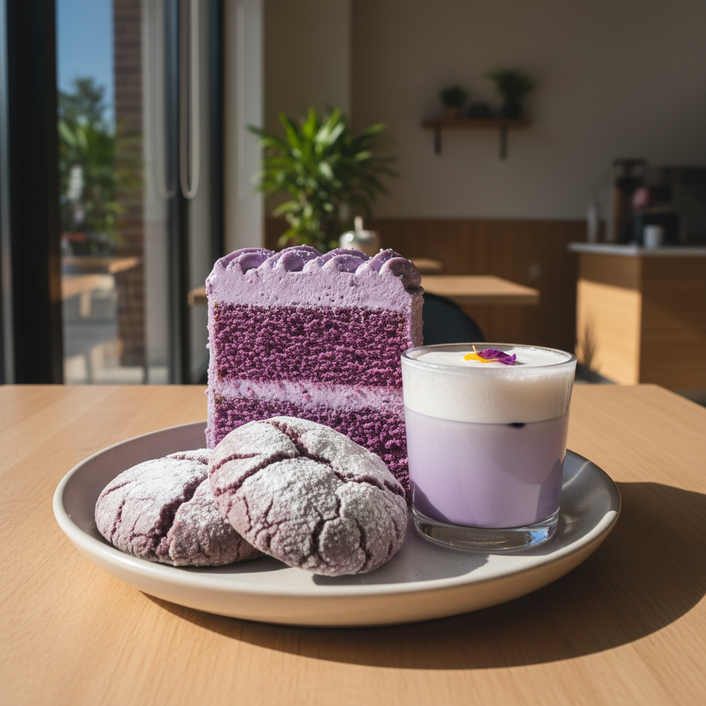 A close-up photographic shot of an overflowing plate of vegan ube desserts: a tall slice of ube chiffon cake with creamy pastel purple frosting, two glossy ube crinkle cookies dusted with powdered sugar, and a small glass of iced ube latte with distinct lavender and oat milk layers. Everything rests on a light wood cafe table near a large window. Soft morning sunlight streams in, making the ube tones vibrant and playful while casting gentle shadows. The background shows a blurred modern coffee shop interior with plants and neutral tones. Captured from a slightly elevated angle with shallow depth of field, the mood is cozy, inviting, and fun, emphasizing the dreamy purple of the ube treats in realistic photographic style.