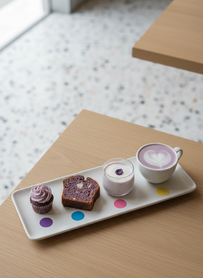 An overhead photographic view of a minimalist cafe table displaying a curated vegan ube tasting flight: a tiny ube cupcake with swirled frosting, a slice of ube loaf with visible tender crumb, a petite ube panna cotta topped with coconut cream, and a small ceramic cup of hot ube latte crowned with simple latte art. Each item is placed on a rectangular matte white platter with small handwritten-style labels replaced by simple color-coded markers to avoid text. Soft diffused daylight from a nearby window creates gentle highlights with minimal shadows. The background is a blurred terrazzo floor and the edge of another table, giving a modern, design-conscious coffee shop ambiance. The composition is clean, balanced, and playful, in sharp photographic realism.